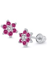 gorgeous silver flower red cz baby birthstone earrings